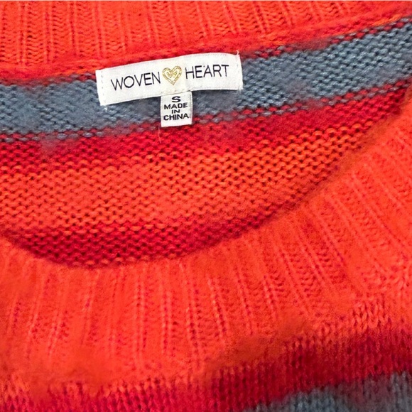 Woven Heart Striped Fuzzy Crew Neck Sweater | NWOT | Size S | Orange/Grey/Red - Picture 2 of 4